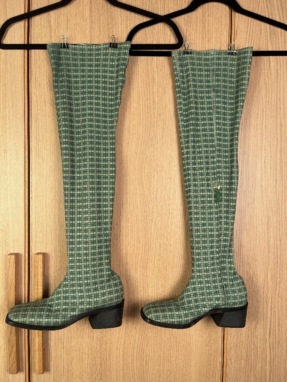 Suzanne Rae Green Plaid Thigh-High Boots, Size 39 - Made in Italy, Side Zip
